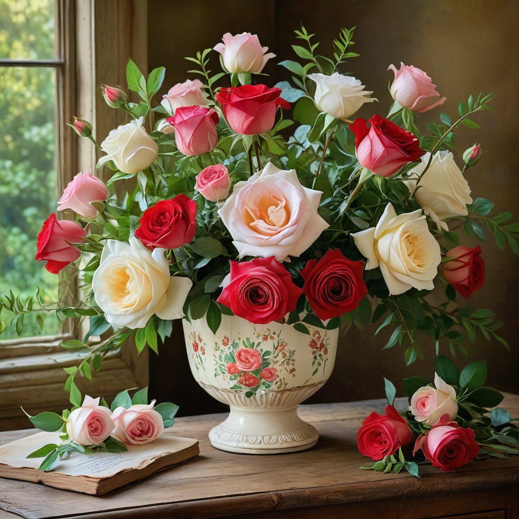 A beautiful floral arrangement featuring an array of vintage roses in shades of pink, red, and white, nestled amidst lush green foliage. The flowers are gracefully arranged in an elegant antique vase with intricate patterns, set on a rustic wooden table. In the background, a softly lit, quaint garden setting with blooming roses, adding a nostalgic and serene ambiance. delicate textures. painting. vibrant colors. vintage style.