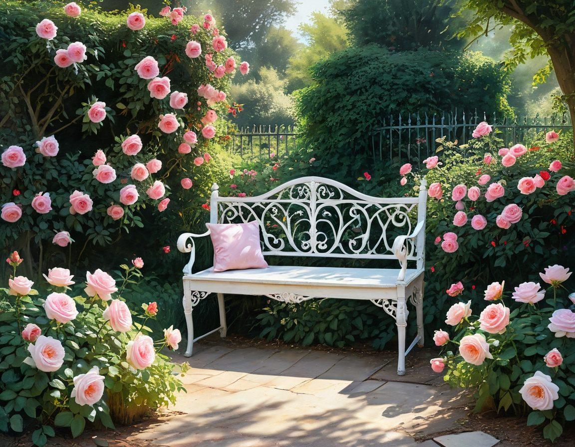 A picturesque English garden setting with a profusion of heirloom roses in full bloom, petals cascading in soft hues of pink, white, and crimson. Gentle sunlight filters through verdant foliage, casting a romantic glow. A vintage wrought-iron bench and a weathered stone path add timeless charm. watercolor painting. soft pastel colors.