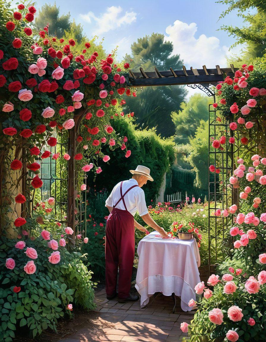 A picturesque garden bathed in golden sunlight, featuring a lush array of vibrant heirloom roses in full bloom. Delicate petals in shades of crimson, pink, and white cascade over antique wrought-iron trellises. A gardener in vintage attire tends to the roses with care, using traditional tools amid lush greenery. Watercolor painting. Soft pastels. Romantic and timeless ambiance.